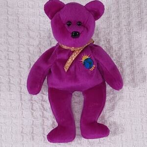 Ty Beanie Babies Millennium Bear Plush Toy - Purple Y2K Earth Embroidery